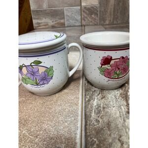 Papel Tea Infuser Mugs Set of 2 Violets Geraniums Hand Decorated Ceramic Korea